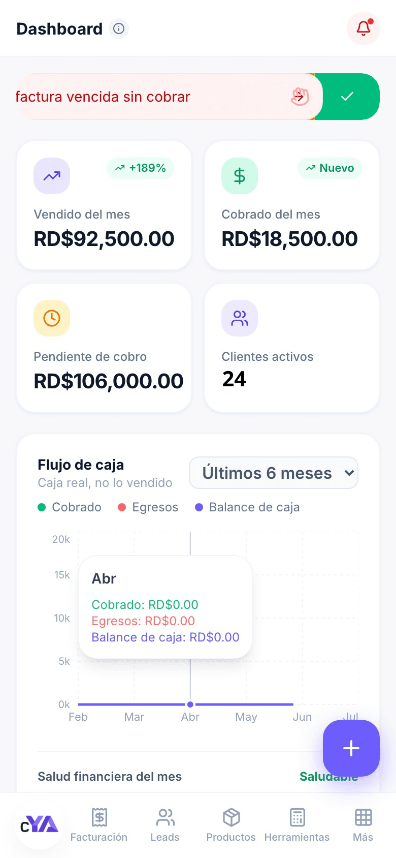 Dashboard de CotizaYA en el celular