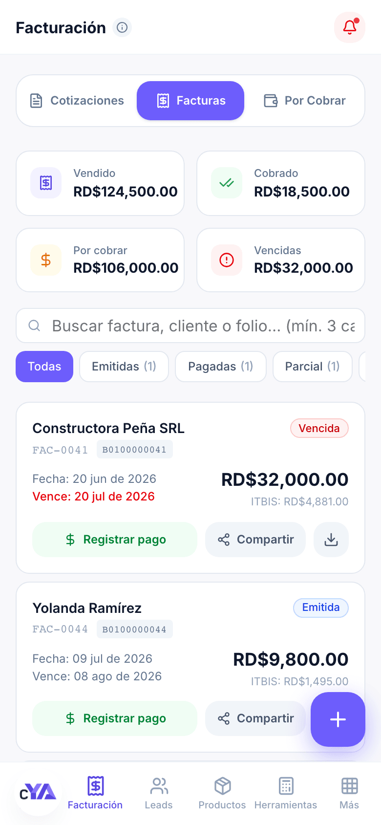 Lista de facturas de CotizaYA en el celular